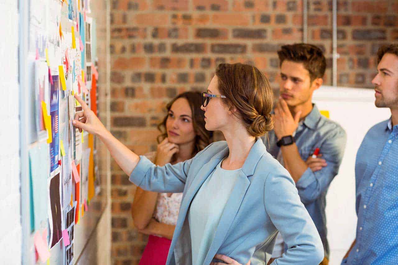 Business team brainstorming in front of a whiteboard covered with sticky notes