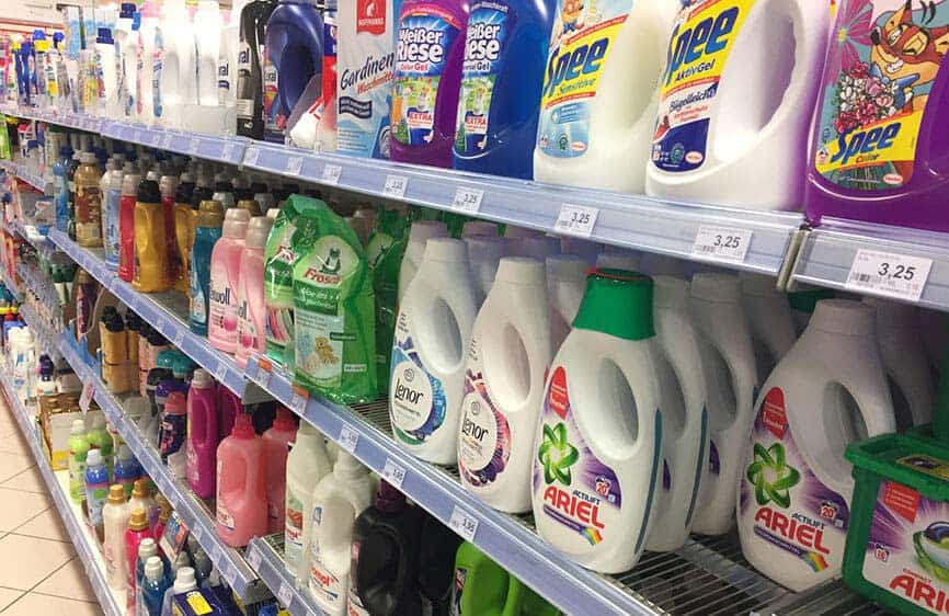 Shelves full of detergents and cleaning products