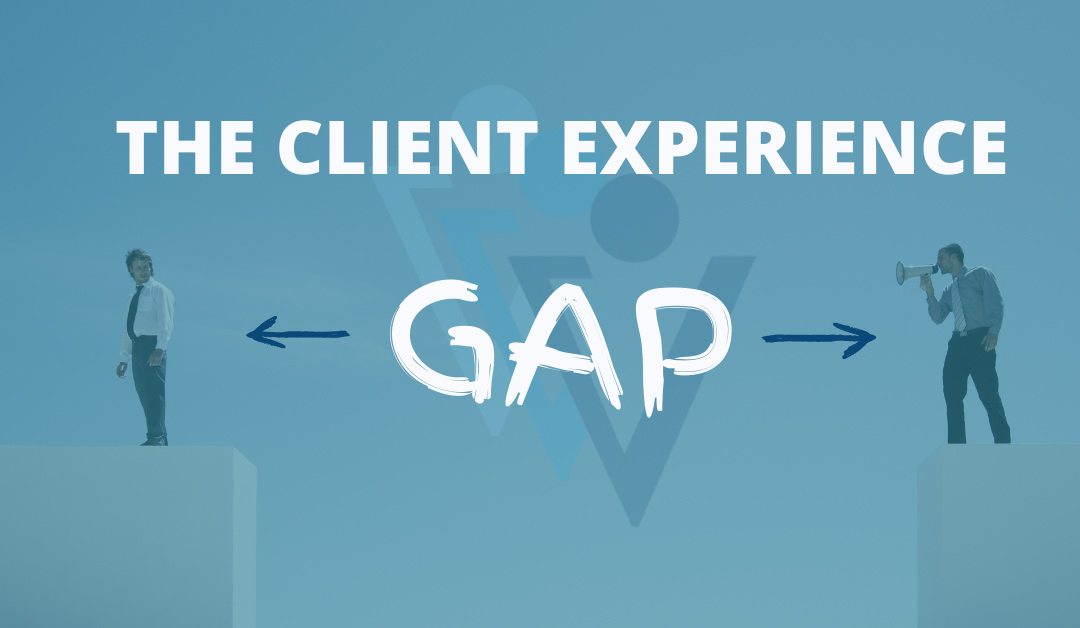 The client experience gap | A man with a loudspeaker shouts to another man over a long distance