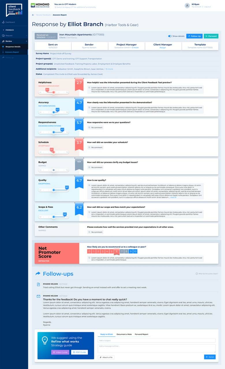 Answers report page of the client feedback tool